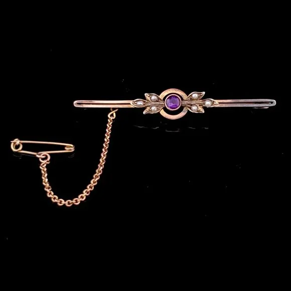Antique Old Cut Amethyst Seed Pearls 9k Yellow Gold Brooch w Chain English Pin - Picture 1 of 6